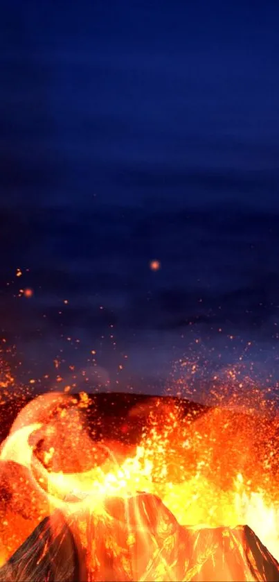 Image of a fiery volcano erupting against a navy blue night sky.