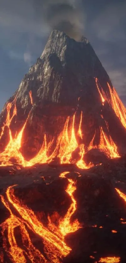 Fiery volcanic eruption with glowing lava streams on a mountain.