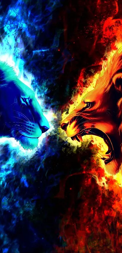 Blue and red lions face off in fiery and frosty colors.