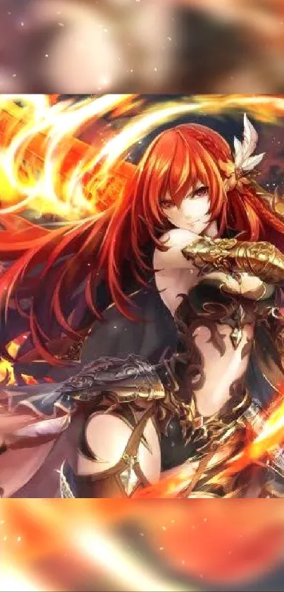 Fiery anime warrior with vibrant red hair and glowing armor.