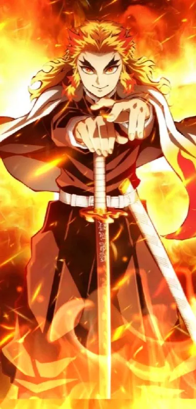 Fiery anime warrior with sword and flames background.