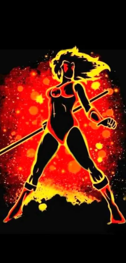 Bold warrior silhouette with fiery red and yellow background.