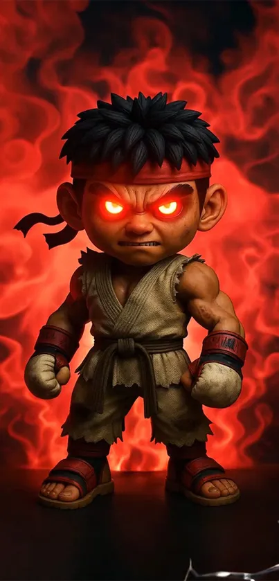 Cartoon warrior with glowing eyes and fiery red background.