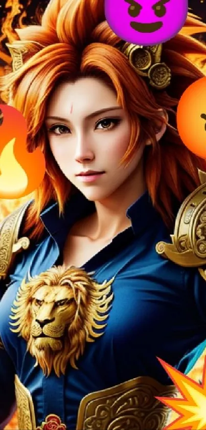 Fierce anime warrior with fiery background.