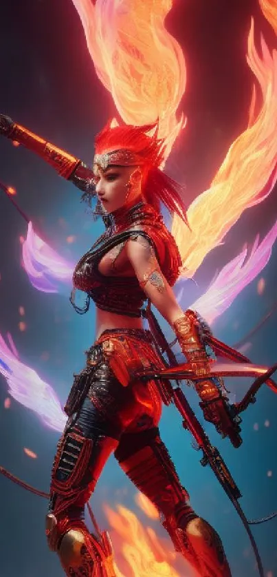 Fiery warrior with dynamic flames in a fantasy art style mobile wallpaper.