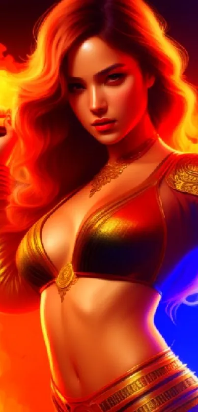 Fantasy art of a fiery female warrior with vibrant colors and bold design.