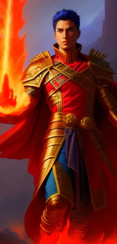 A fantasy warrior in armor with a fiery aura and red cape.