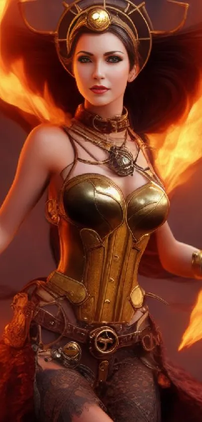 Fantasy warrior with fiery backdrop and dramatic lighting.