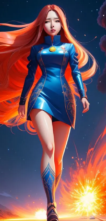 A fiery-haired warrior wearing a blue dress amidst an explosive scene in fantasy art.