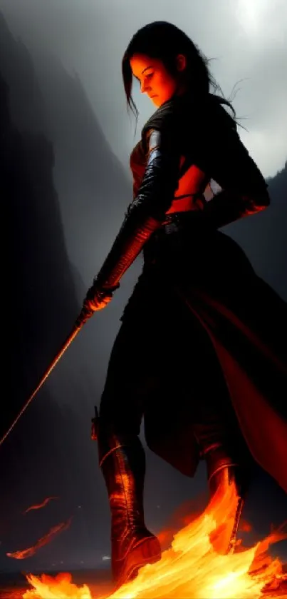 Fiery female warrior with a flaming sword in a dark landscape.