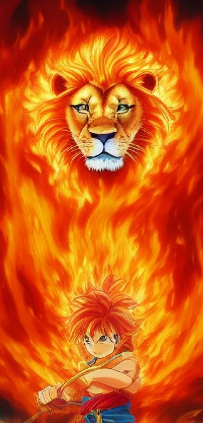 Fiery animated lion and warrior wallpaper with vibrant flames.