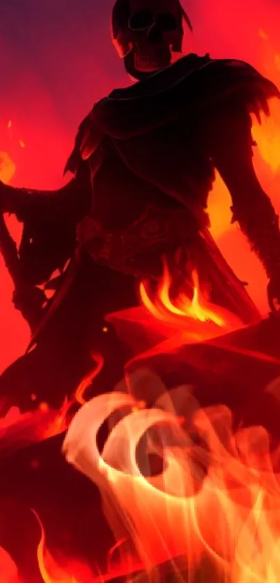 A dark armored warrior amidst fierce, glowing flames for a mobile wallpaper.