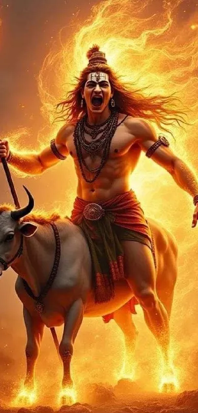 Fiery warrior atop a bull with flames, mobile wallpaper.