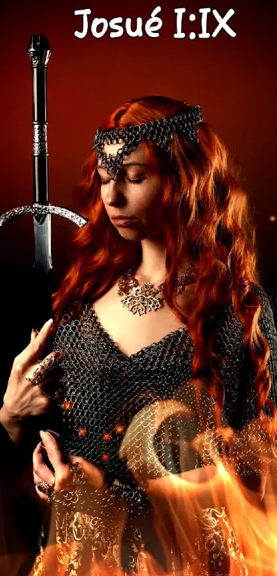 Fiery red-haired warrior with sword on dark background.