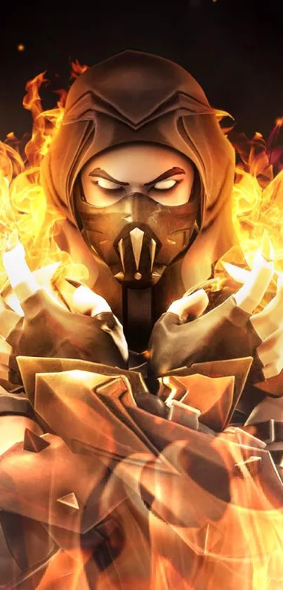 Masked warrior with fiery background wallpaper.