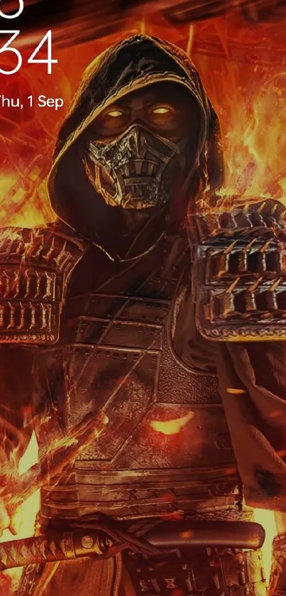 Epic armored warrior engulfed in flames on phone wallpaper.