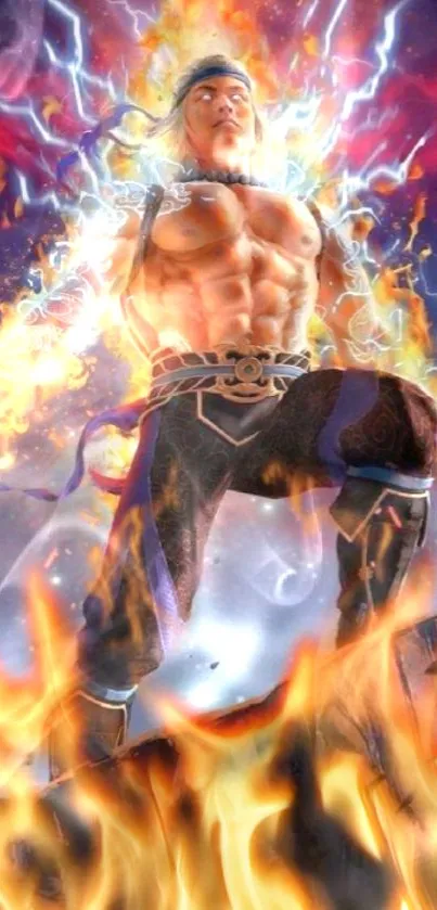 Warrior engulfed in flames with dynamic energy background.