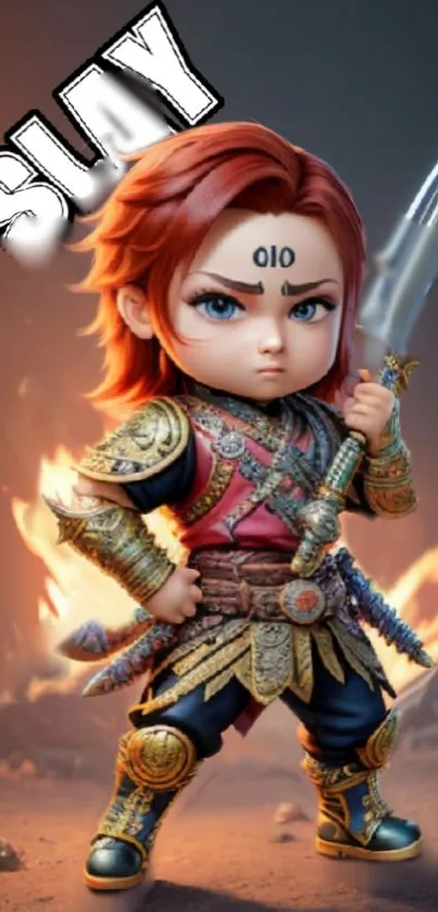 Animated warrior with sword and flame background, captioned 'Slay'.