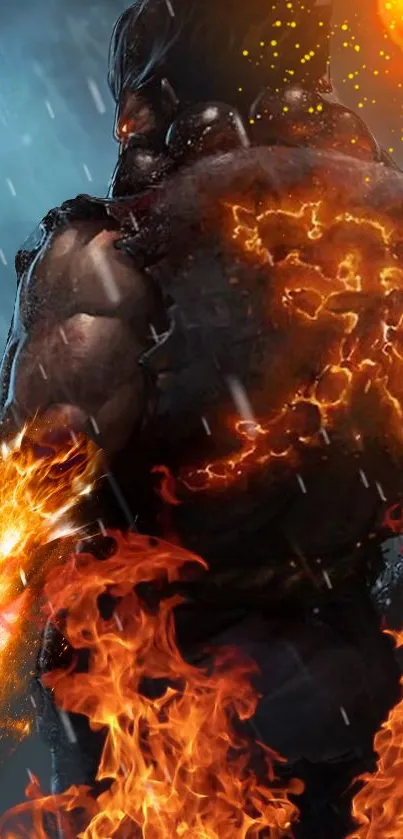 Fiery warrior surrounded by flames in a dynamic mobile wallpaper.