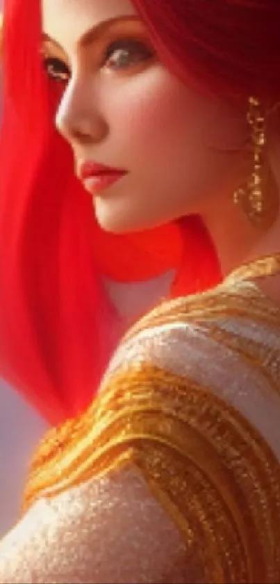 Fiery warrior princess with red hair and gold attire.