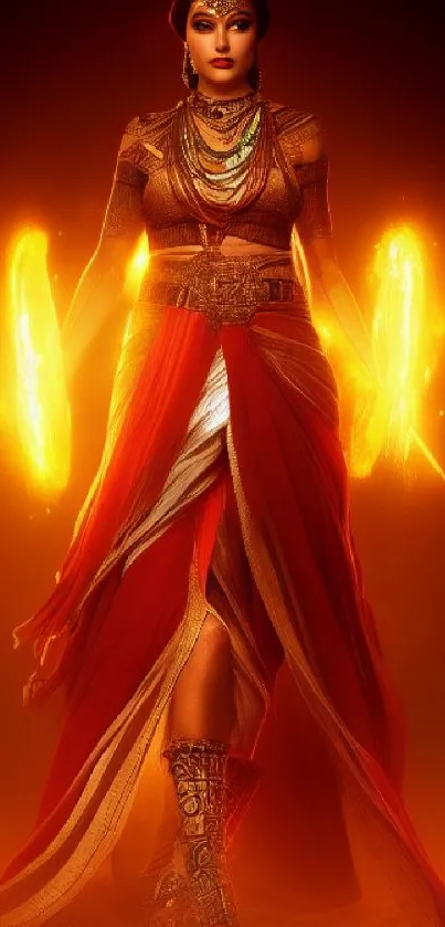 Mystical warrior with fiery orbs in orange glow, dressed in red.