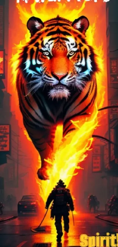 Fiery tiger and warrior spirit in urban background.