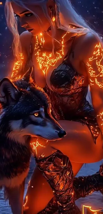 Fiery female warrior with a wolf in glowing fantasy art.