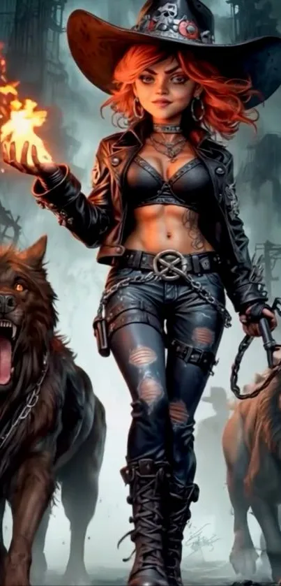 A fiery-haired warrior with wolves in an urban fantasy scene.