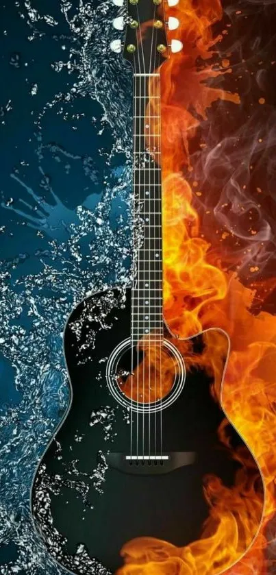 Guitar with fire and water effects on mobile wallpaper.