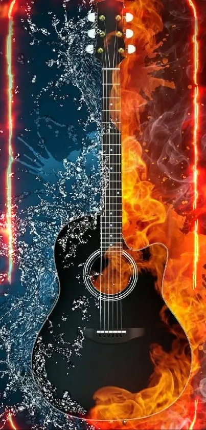 Guitar engulfed in flame and water with black background