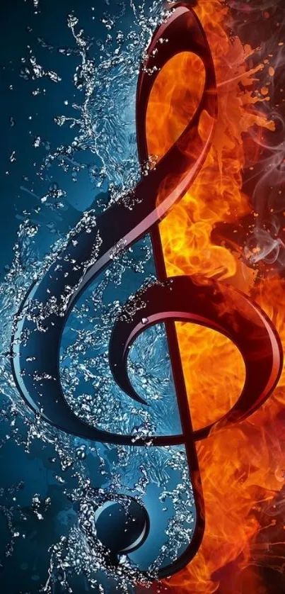 Dynamic music note with fiery water contrast wallpaper.