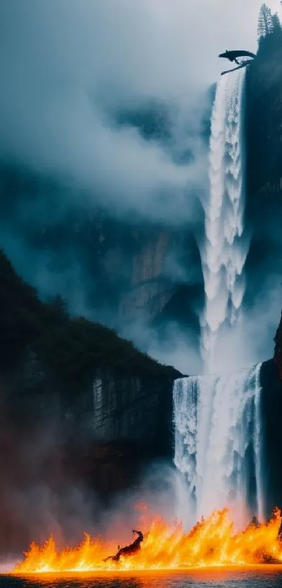 Dynamic waterfall with fire elements and a leaping dolphin.