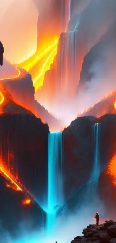 A stunning fiery waterfall with vibrant colors and mysterious figures.