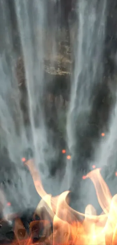 Fiery waterfall with smoky backdrop for phone wallpaper.