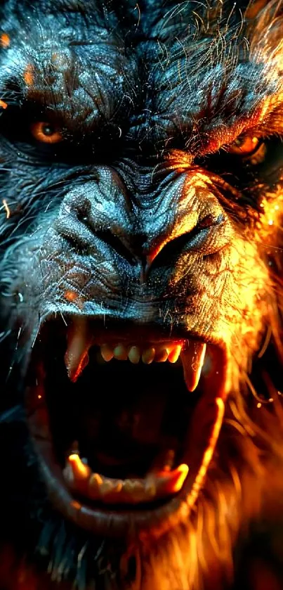 Fierce beast with fiery glow on dark background