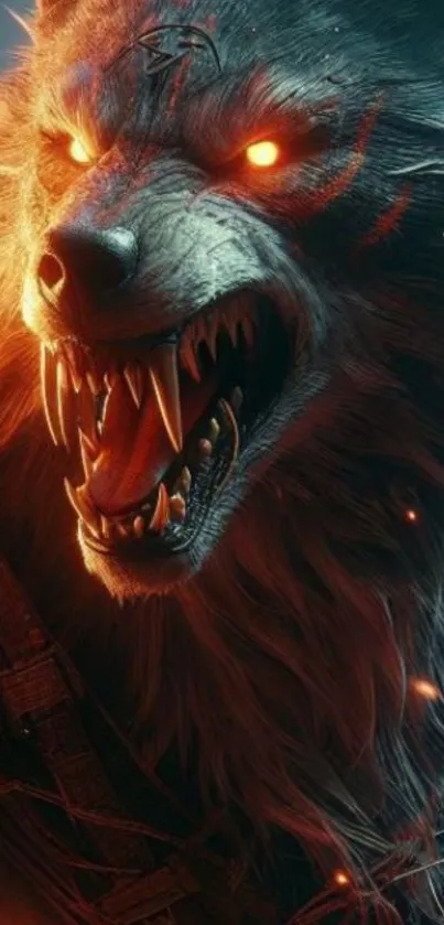 Fiery werewolf with glowing eyes in dark fantasy art.