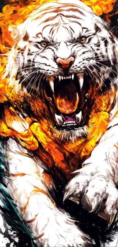 Fierce white tiger with fiery accents, dynamic artistic wallpaper.