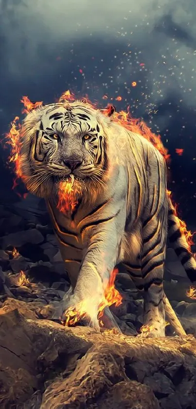 White tiger with flames in dramatic wallpaper.