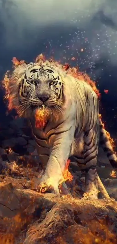 Majestic white tiger surrounded by flames, illustrating fantasy and fierceness.