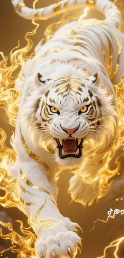 White tiger engulfed in golden flames.
