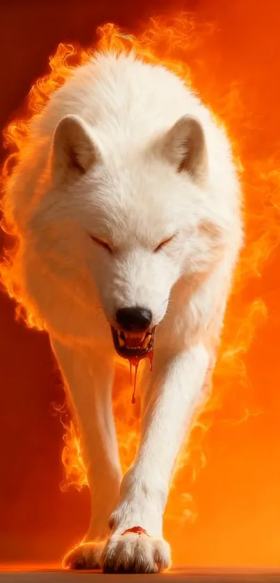 Majestic white wolf surrounded by flames on orange background.