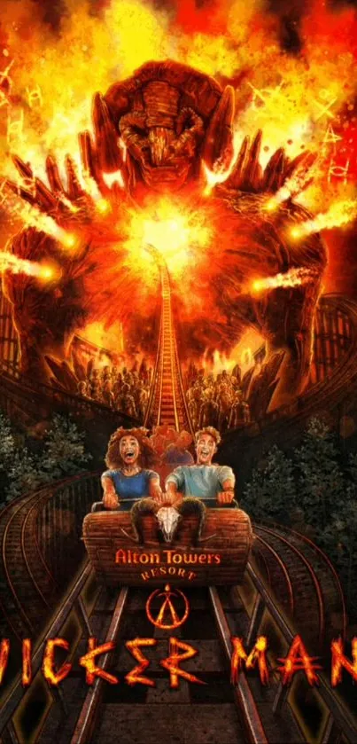 Fiery Wicker Man roller coaster wallpaper with dramatic flames and thrills.