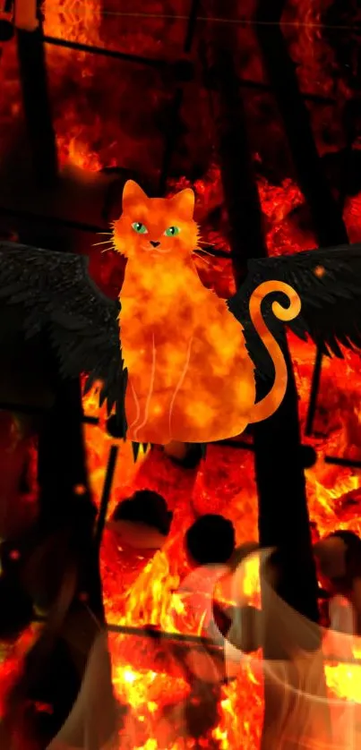 Fiery winged cat image on vibrant flame background.