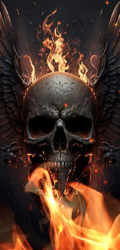 Dark wallpaper with fiery winged skull design.