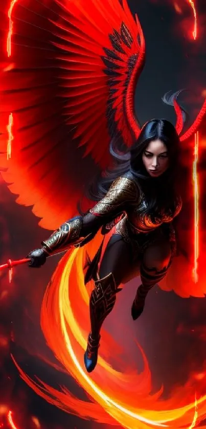 Dynamic warrior with fiery red wings and a dark background for mobile wallpaper.