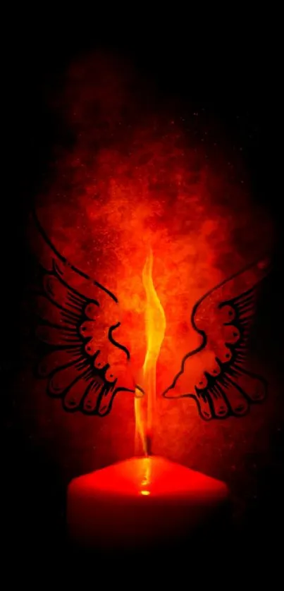 Mobile wallpaper of a glowing candle with fiery wings in red hues.