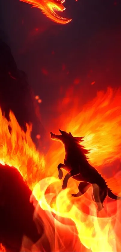 Fiery illustration of a wolf and dragon in a dramatic, flame-filled scene.