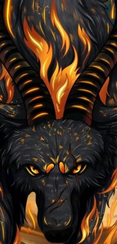 Fiery wolf with glowing orange flames in dramatic artwork.