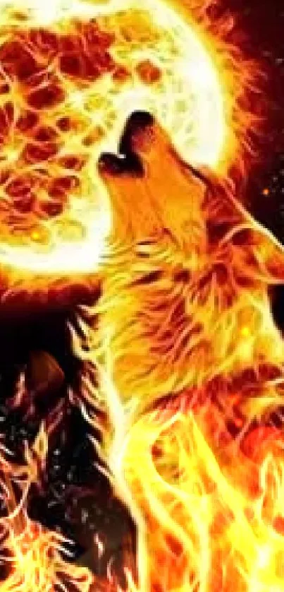 Fiery wolf howling at burning moon wallpaper with vibrant orange flames.