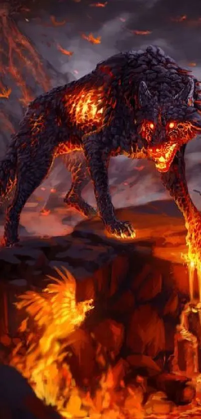 Fiery wolf and phoenix in volcanic landscape.